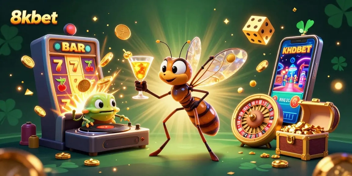 Engage with 8xbet through a stunning 3D illustration featuring a casino mascot and vibrant game elements.
