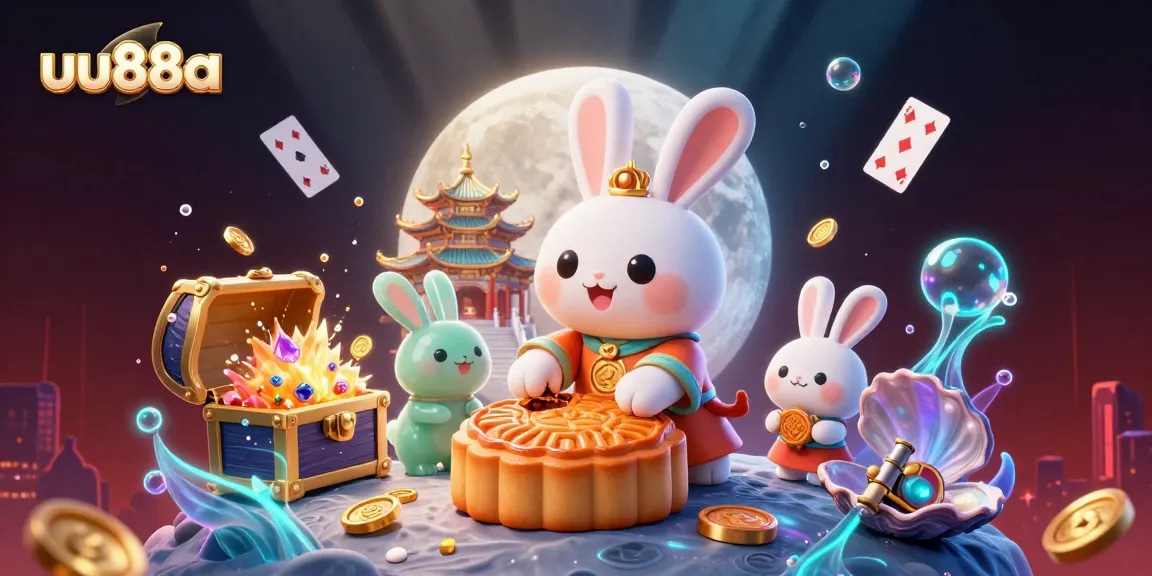 Experience uu88a's animated 3D scene showcasing the moon rabbit and poker chips among vibrant casino elements.