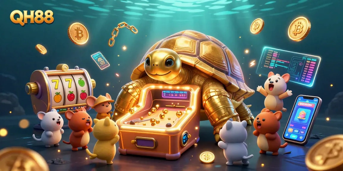 Engage with QH88's gaming excitement in this dynamic casino scene featuring a colossal tortoise and rich game elements.