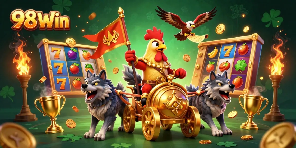 Experience thrilling slots action with 98Win's dynamic scene featuring a rooster warlord and vibrant game symbols.