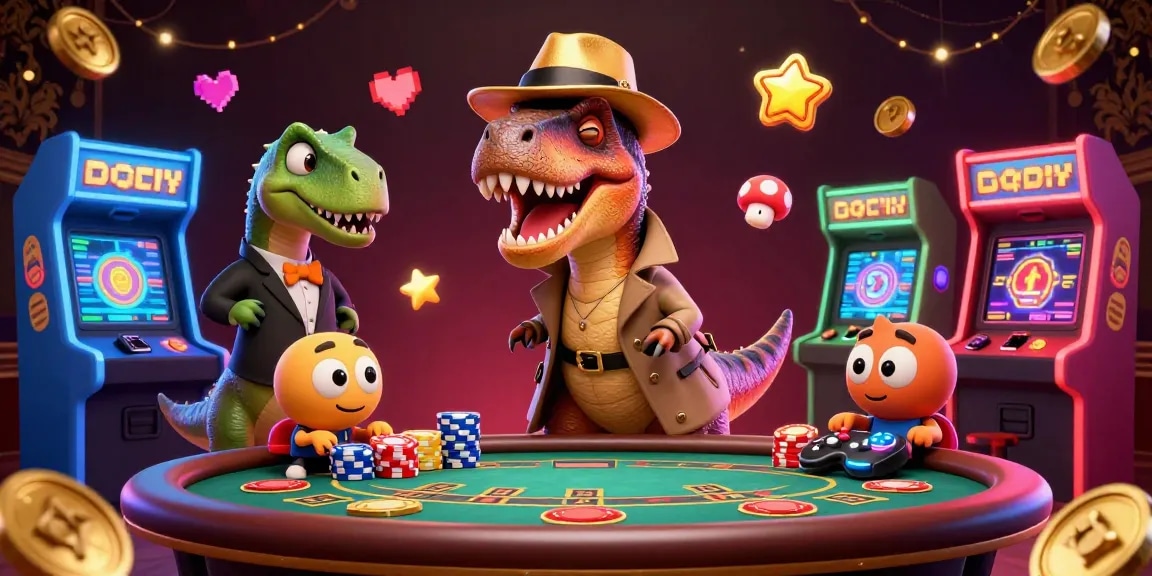 LU88 blackjack scene with cartoon dinosaurs, a velociraptor card counter, and casino elements