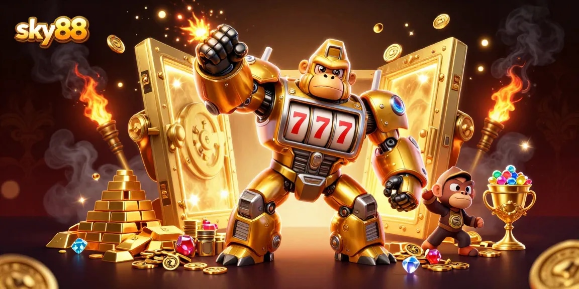Engage with sky88's thrilling gaming adventure featuring a vibrant 3D illustration of a golden gorilla mech and dynamic casino elements.