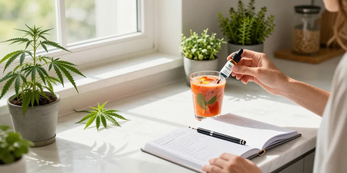 THC vape juice being taken in a bright wellness kitchen with organic elements and CBD products, promoting natural health.