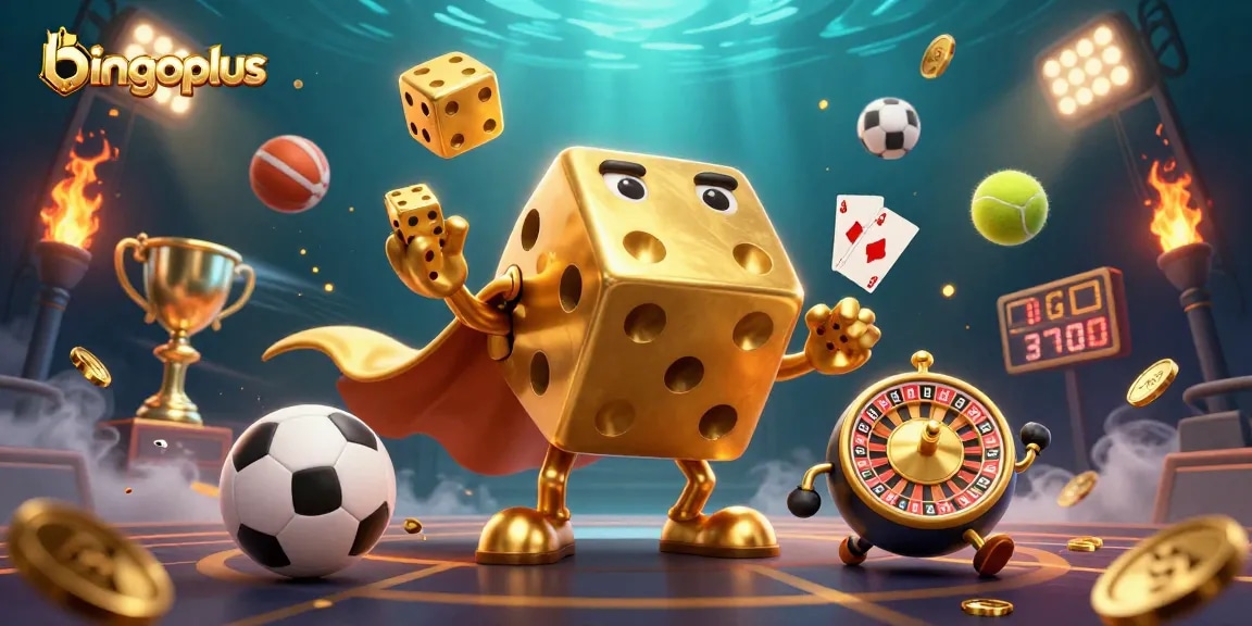 Experience riveting action with bingoplus as golden dice and dynamic sports elements collide in this vibrant 3D illustration.