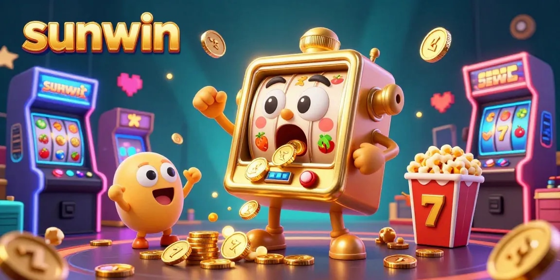 Experience the thrill of gaming with the sunwin slot machine hitting a jackpot, surrounded by cheerful baby machines and popcorn.