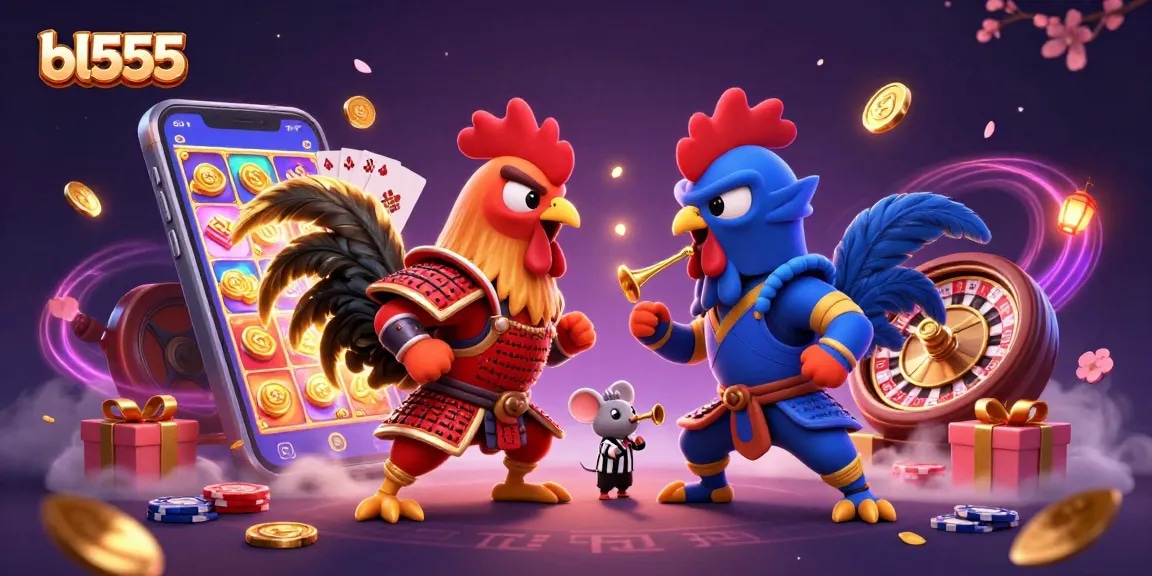 Engaging action scene with bl555 as twin cartoon roosters battle, enriching the online casino atmosphere.