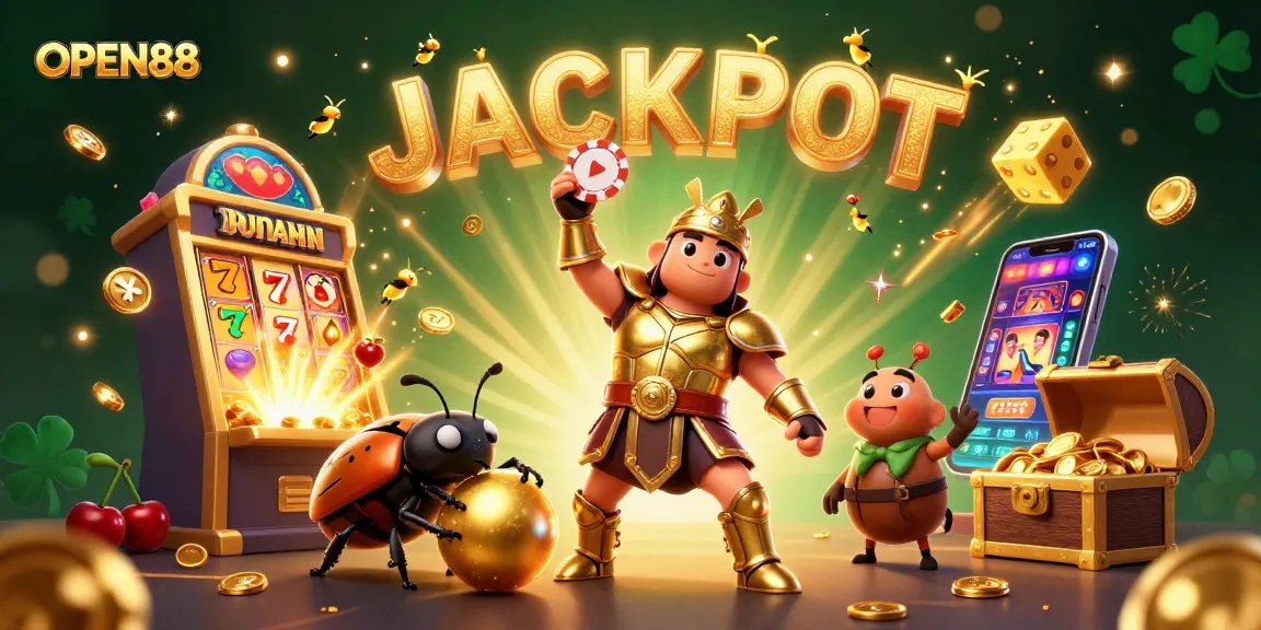 Celebrate wins at OPEN88 with a 3D beetle champion and vibrant casino elements!
