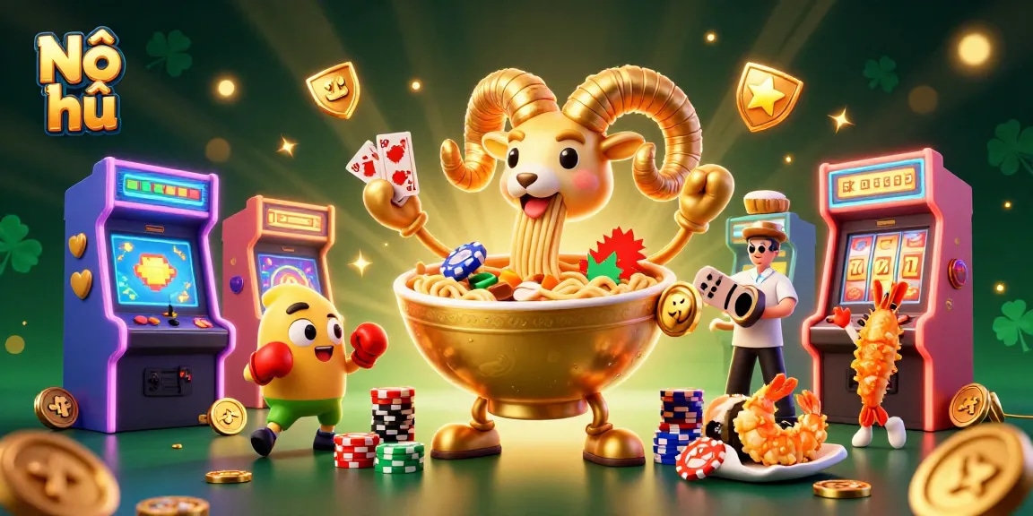 Nổ hũ excitement with a giant ramen bowl dealer amidst colorful casino elements and vibrant gaming icons.