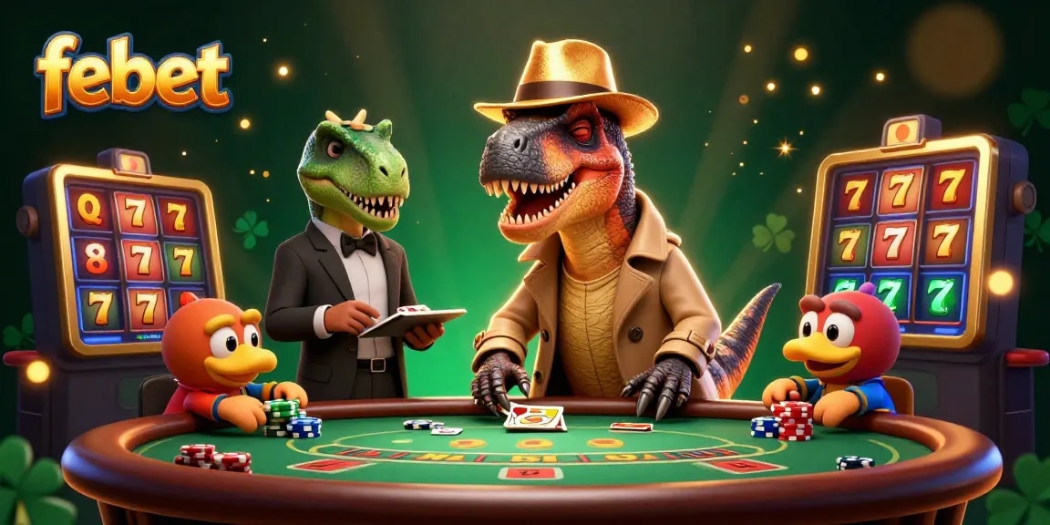 Experience the excitement of febet with a cartoon velociraptor in a blackjack scene, rich in casino elements.