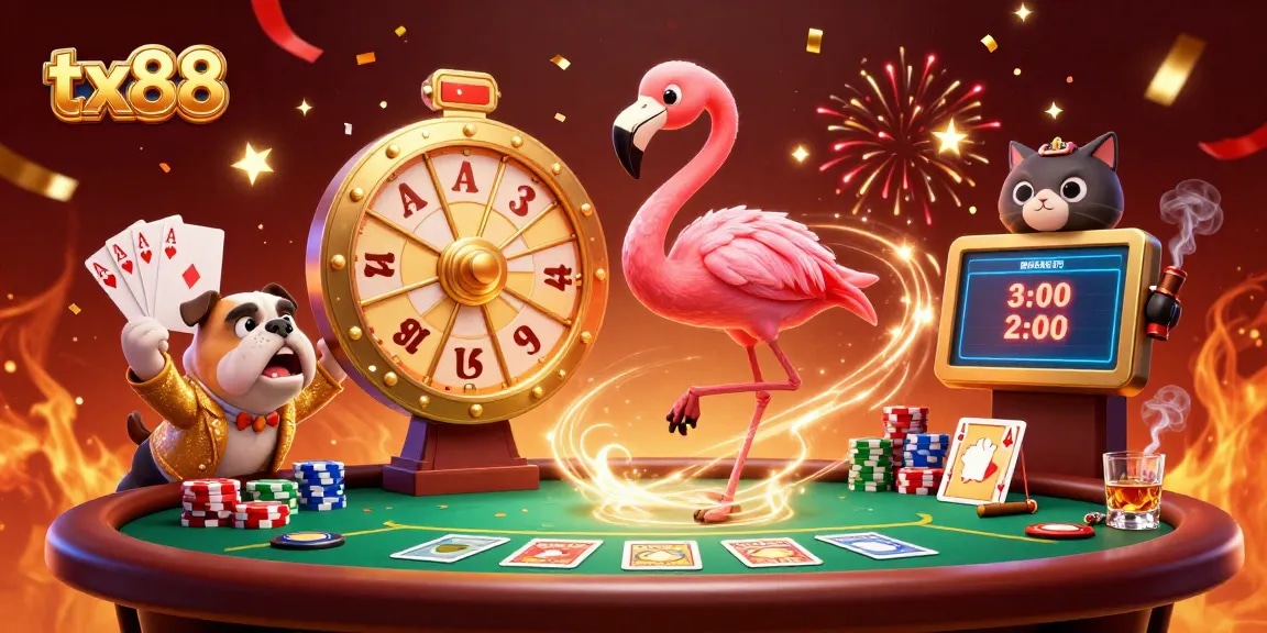Win big with tx88 at an exciting casino game show featuring colorful poker and prize elements.