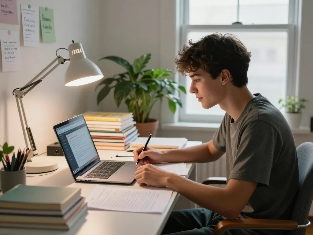 Student, der ein Hausaufgaben KI kostenlos Tool in einem hellen Homeoffice-Studienraum verwendet.