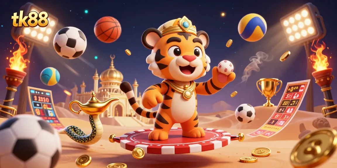 Experience the thrill of gaming with tk88’s cartoon illustration featuring a vibrant casino scene.