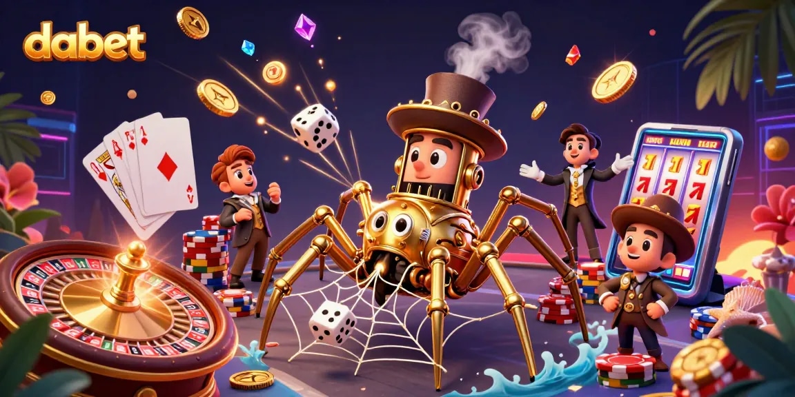 dabet brings luck with a golden spider catching dice amid spinning roulette wheels and poker cards.