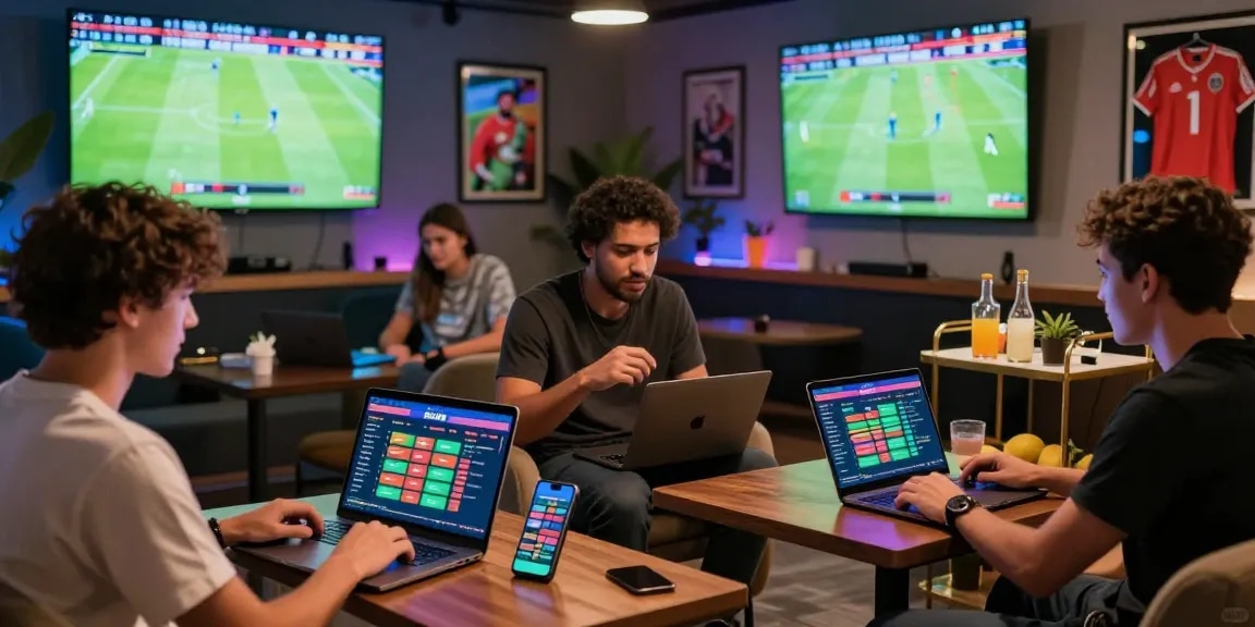 Engaged players reviewing Daftar Bola88 mix parlay betting options in an energetic lounge atmosphere.