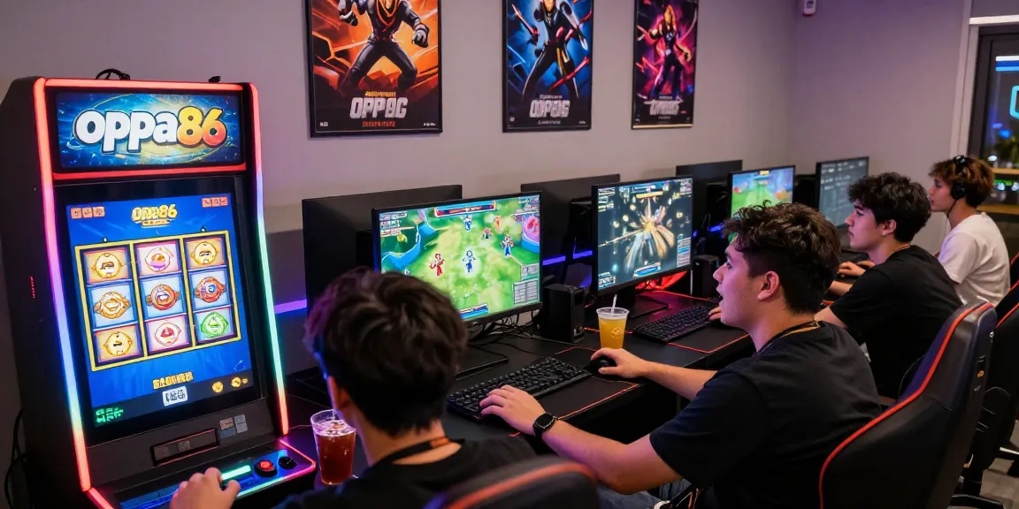Friends enjoying an online gaming session at oppa86, vibrant atmosphere and interactive slots.