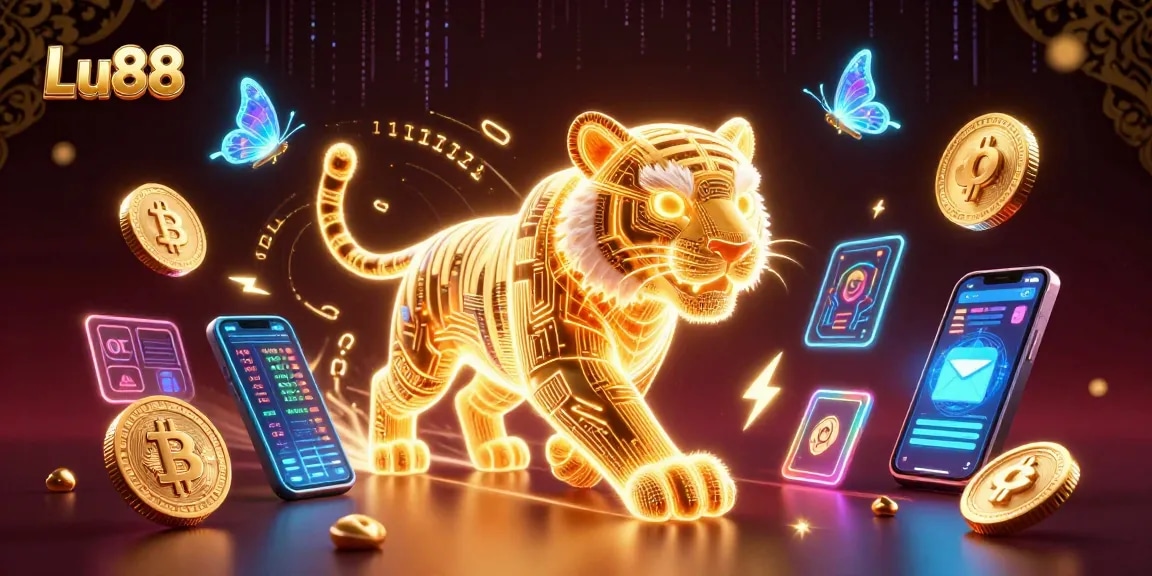 Play dynamic casino games at Lu88 with vibrant visuals, neon elements, and cryptocurrency features.