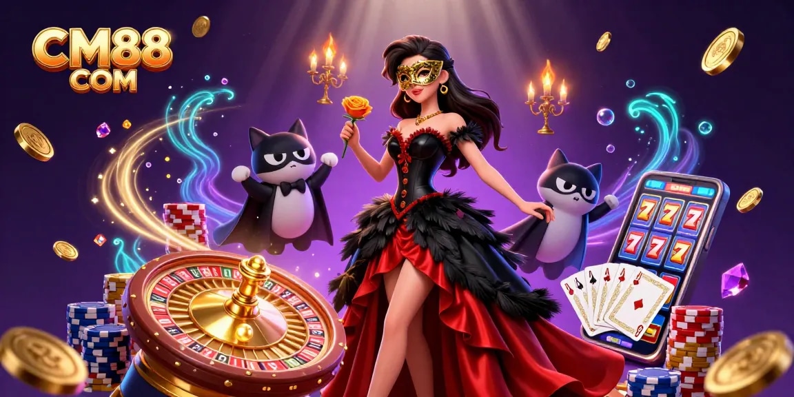 Engage with CM88 COM in this immersive casino illustration featuring vibrant characters and dynamic gaming elements.