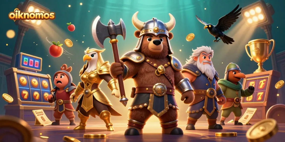 Engage with oikonomos in this vibrant casino scene featuring slot reels and dynamic characters.