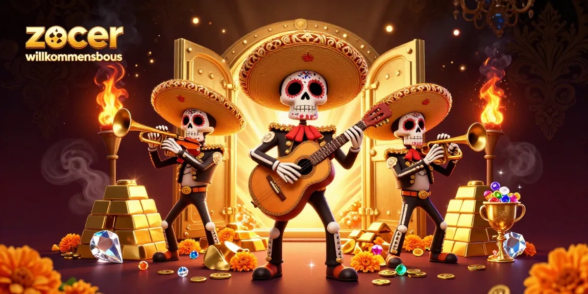 Erleben Sie den zoccer casino Willkommensbonus mit einer bunten Dia de los Muertos-Skeleton-Band, die den Abend erhellt.