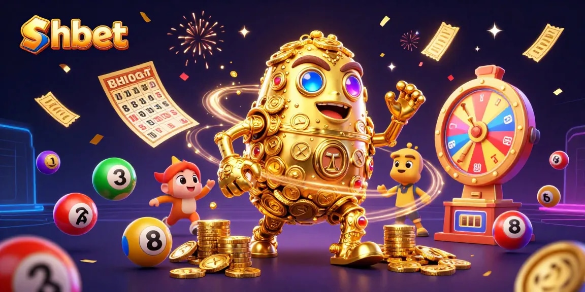 Experience the excitement of shbet with colorful lottery balls and a dynamic golden golem in a vibrant casino scene.