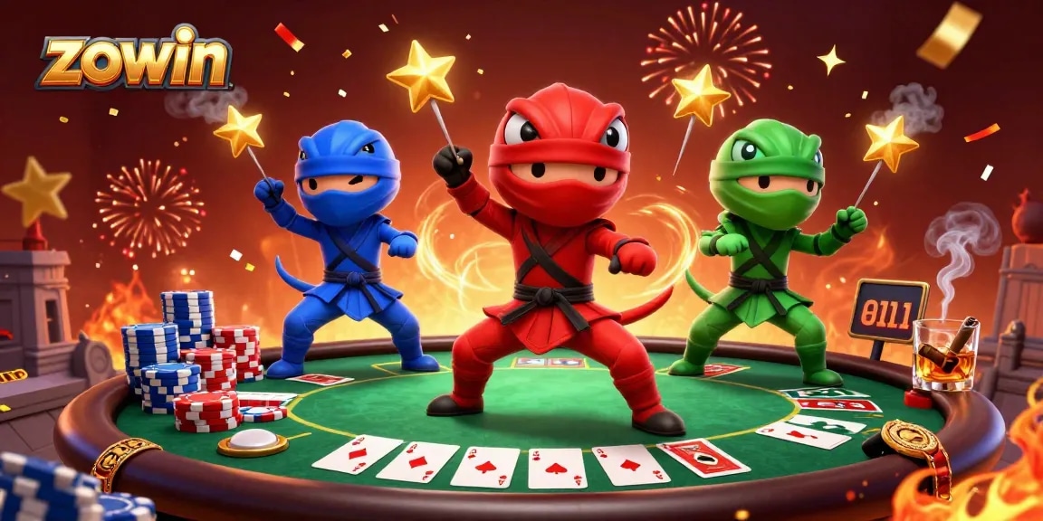 Zowin chameleons engage in thrilling poker action under vibrant confetti, showcasing casino excitement.