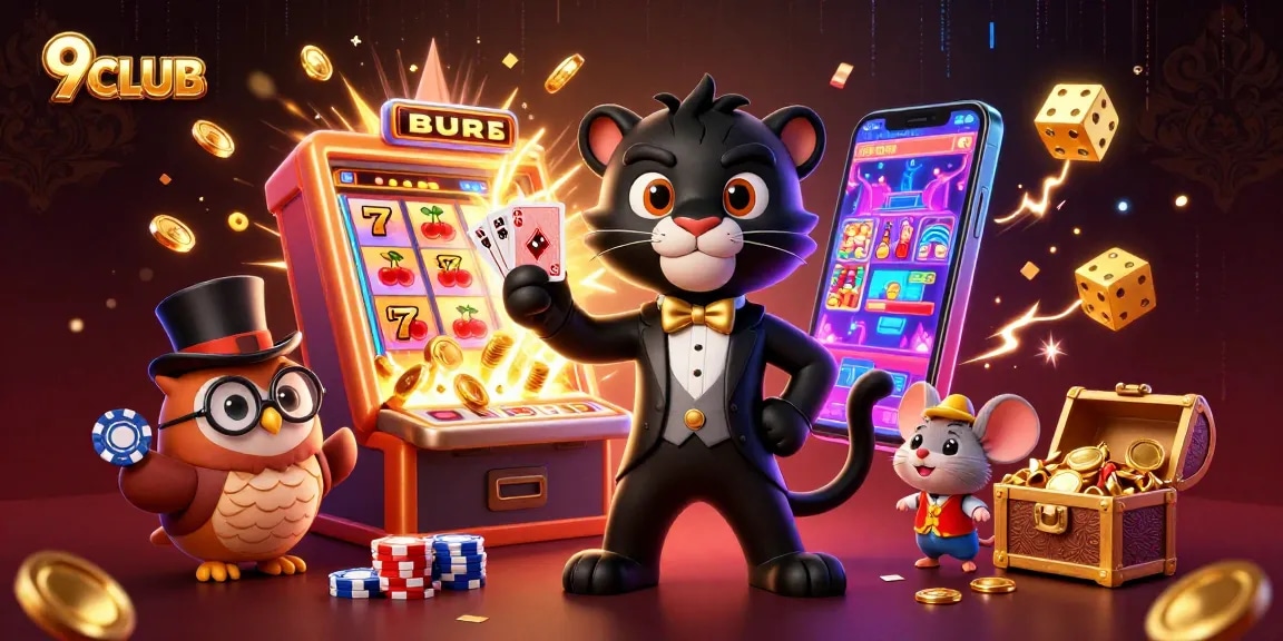 Engage with 9CLUB's thrilling casino atmosphere featuring vibrant characters and exciting game elements.
