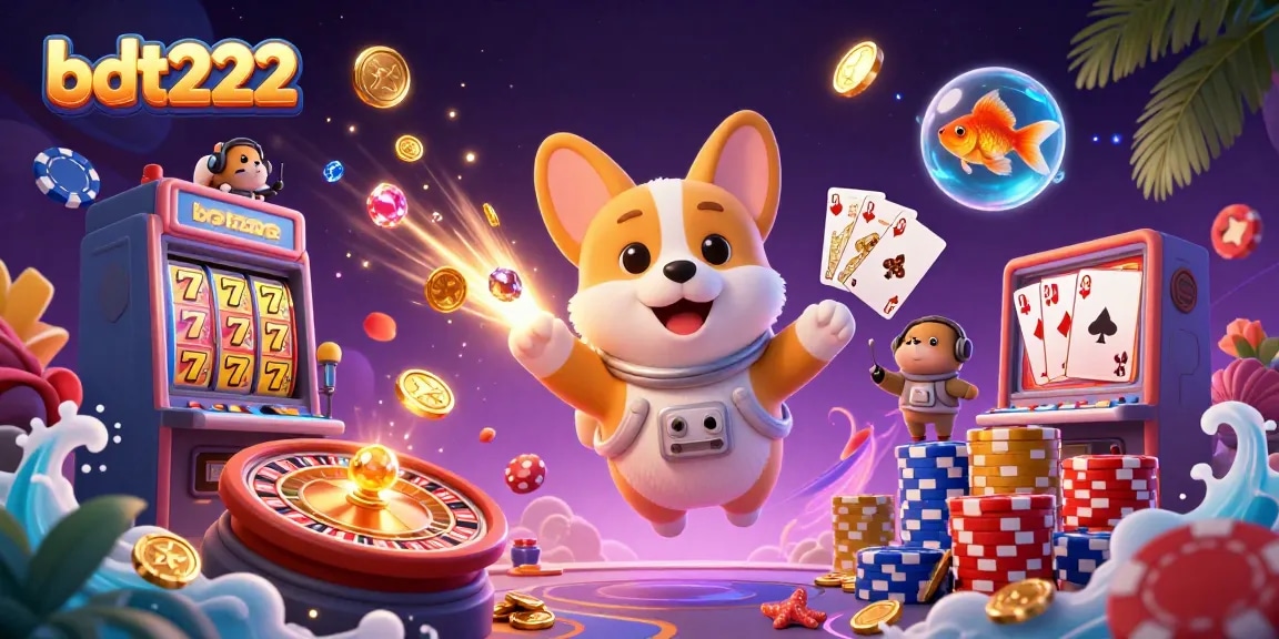 Engage in thrilling gameplay at bdt222 with vibrant visuals of slot machines, coins, and gaming action.