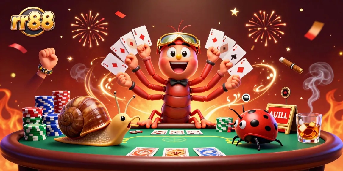 Play exciting games at rr88 with a vibrant casino scene featuring a millipede dealer and colorful poker chips.