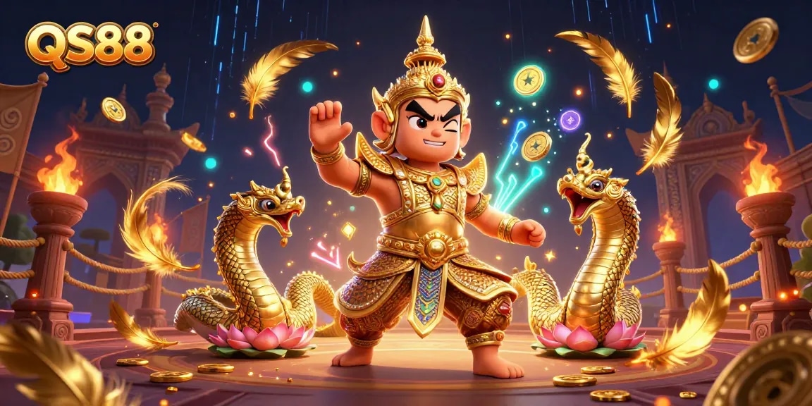 Experience thrilling wins at QS88 Casino with vibrant 3D illustrations of mythical guardians and casino elements.