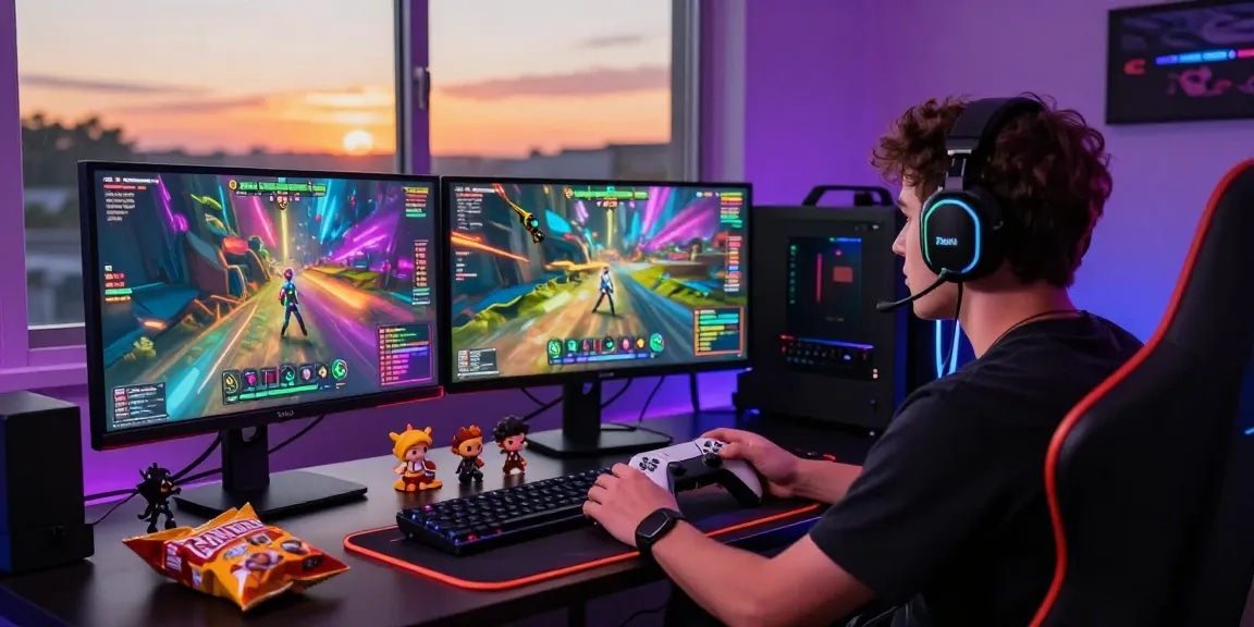 Player enjoying 78ưin at a stylish gaming setup with dynamic visuals, headset, and accessories.
