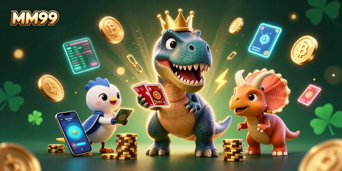 Engage in the exciting world of MM99, where vibrant dinosaurs shuffle cards and stack chips in a rich, dynamic casino environment.