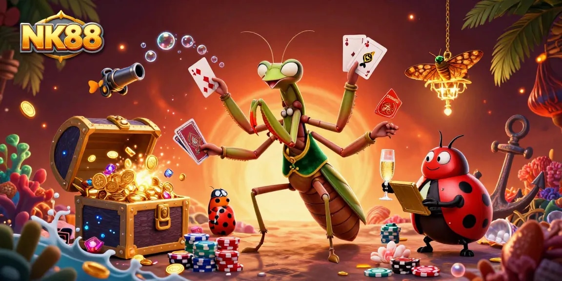 Experience the excitement of NK88 casino games with a vibrant illustration of 3D cartoon characters in a dynamic gaming scene.