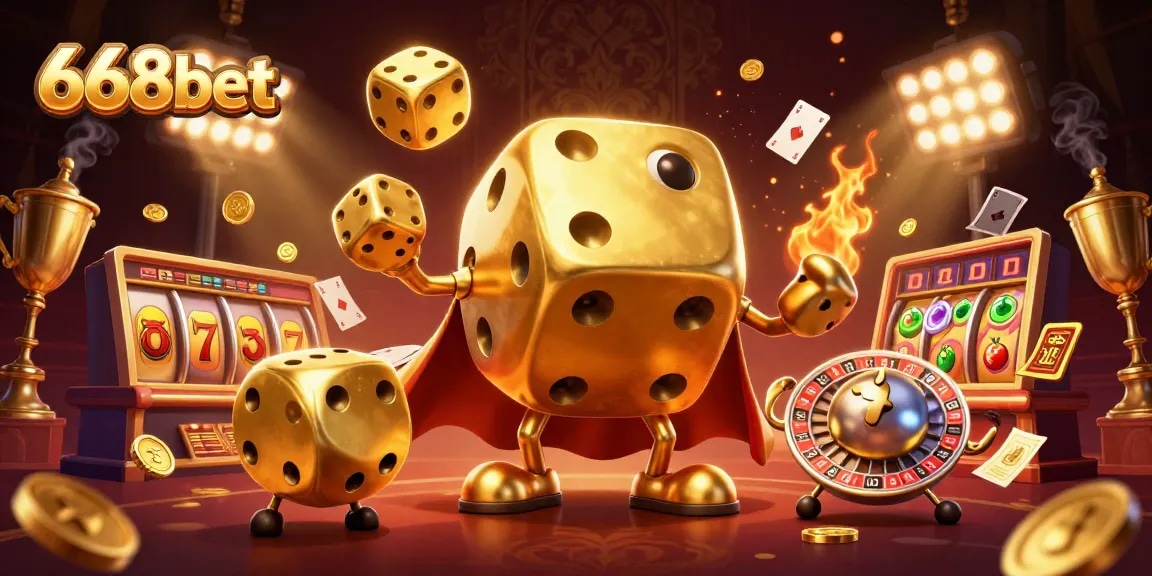 Play exciting slots at 668bet with a lively 3D casino scene featuring dynamic gaming elements.