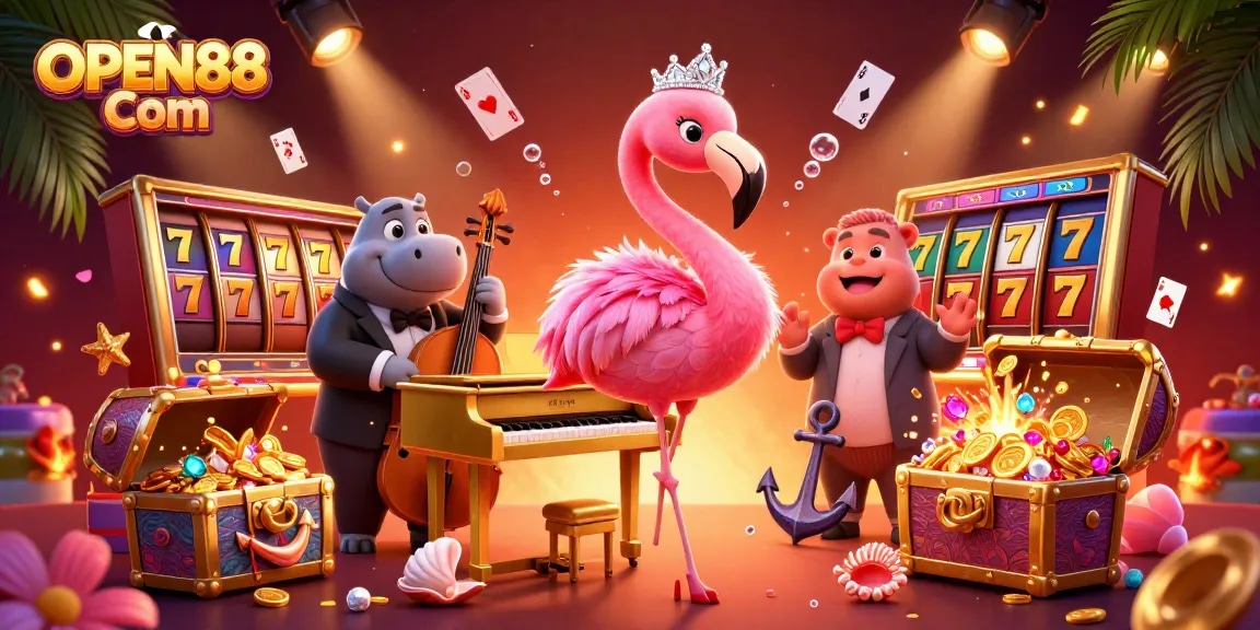 Experience thrilling slots and jackpots at OPEN88 Com with vibrant casino illustrations and engaging characters.