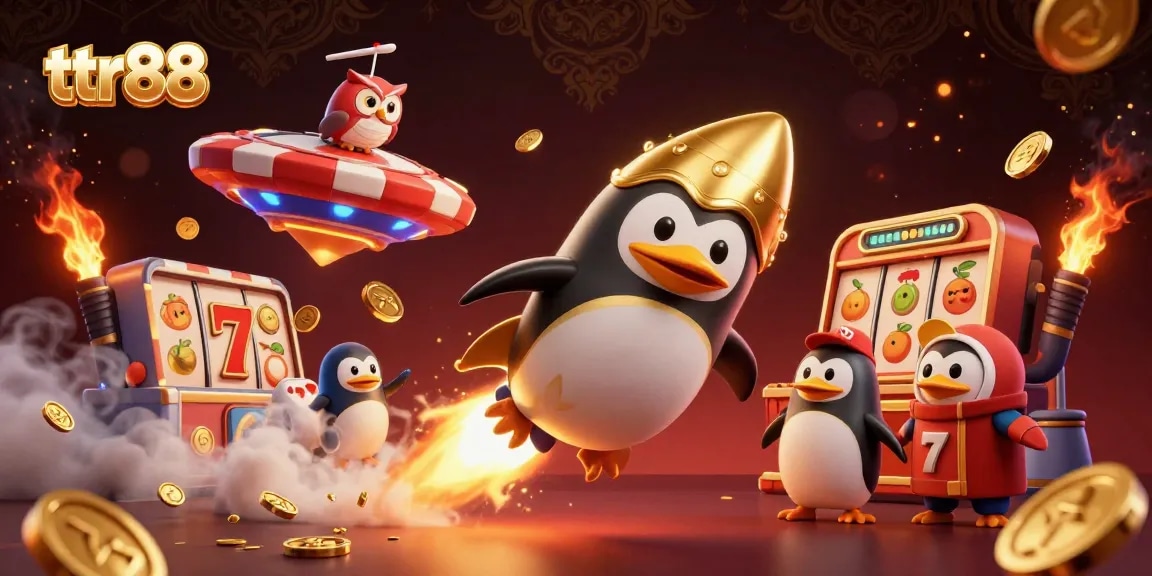 Win big with ttr88 as a golden penguin launches toward a dazzling casino space station.
