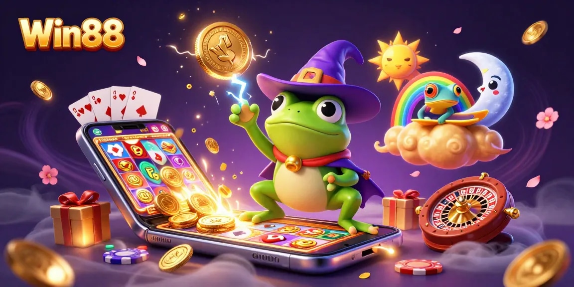 Engage with Win88's vibrant gaming scene featuring a wizard frog wielding golden coins and dynamic game elements.