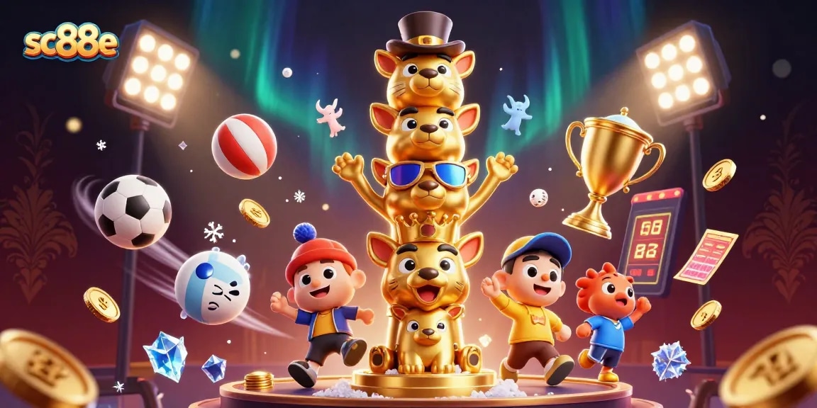 Engage with sc88e in a vibrant 3D casino scene featuring unique characters and dynamic sports elements.