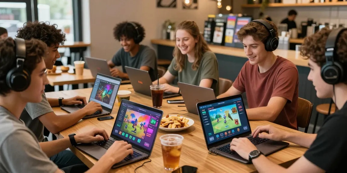 Players enjoying the Sunwin gaming experience at a café with mobile devices and lively atmosphere.
