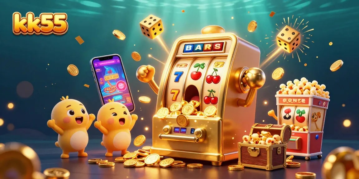 Experience kk55's thrilling jackpots with a stunning 3D golden slot machine scene filled with excitement.