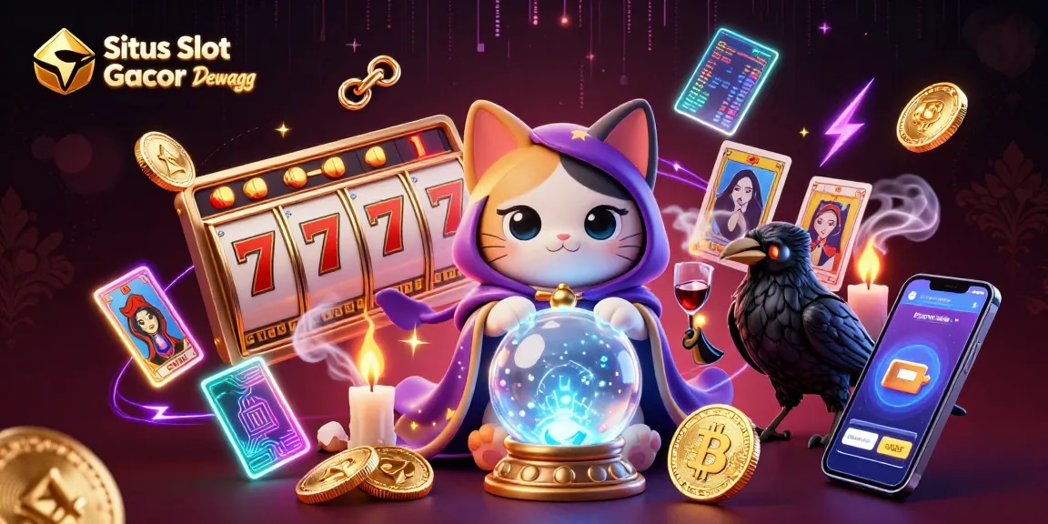 Engage with Situs Slot Gacor Dewagg's thrilling atmosphere featuring mystical characters, vibrant symbols, and dynamic gambling elements.