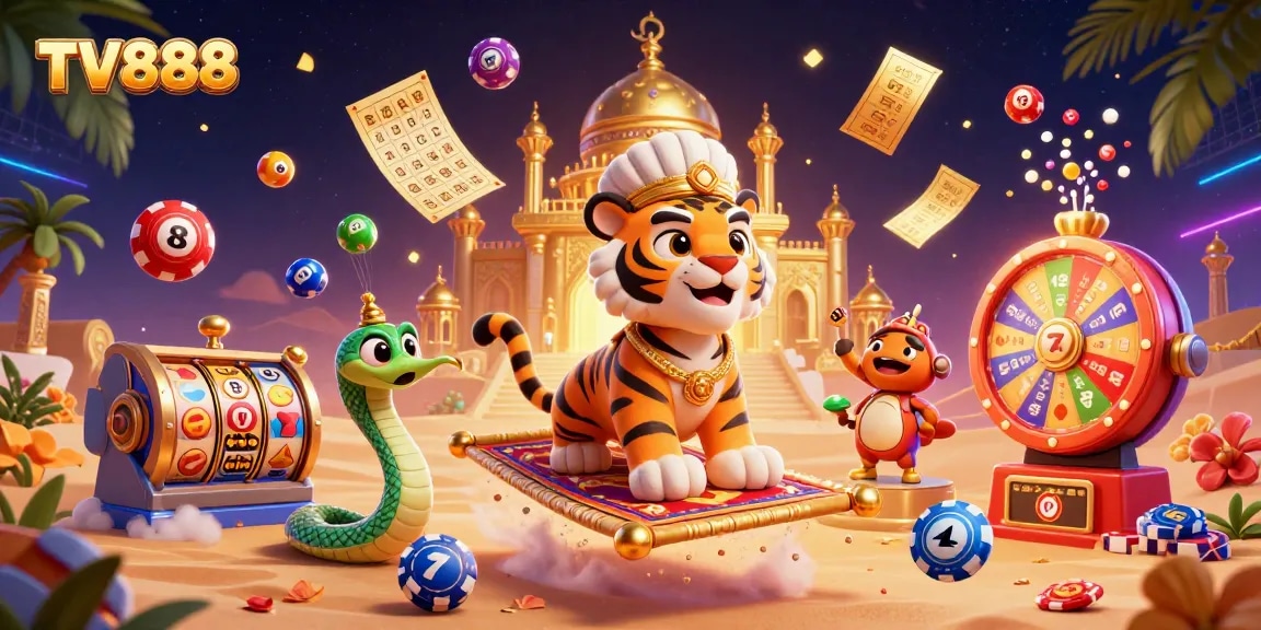 Experience winning moments with TV888 as the animated sultan and lottery elements energize the casino scene.