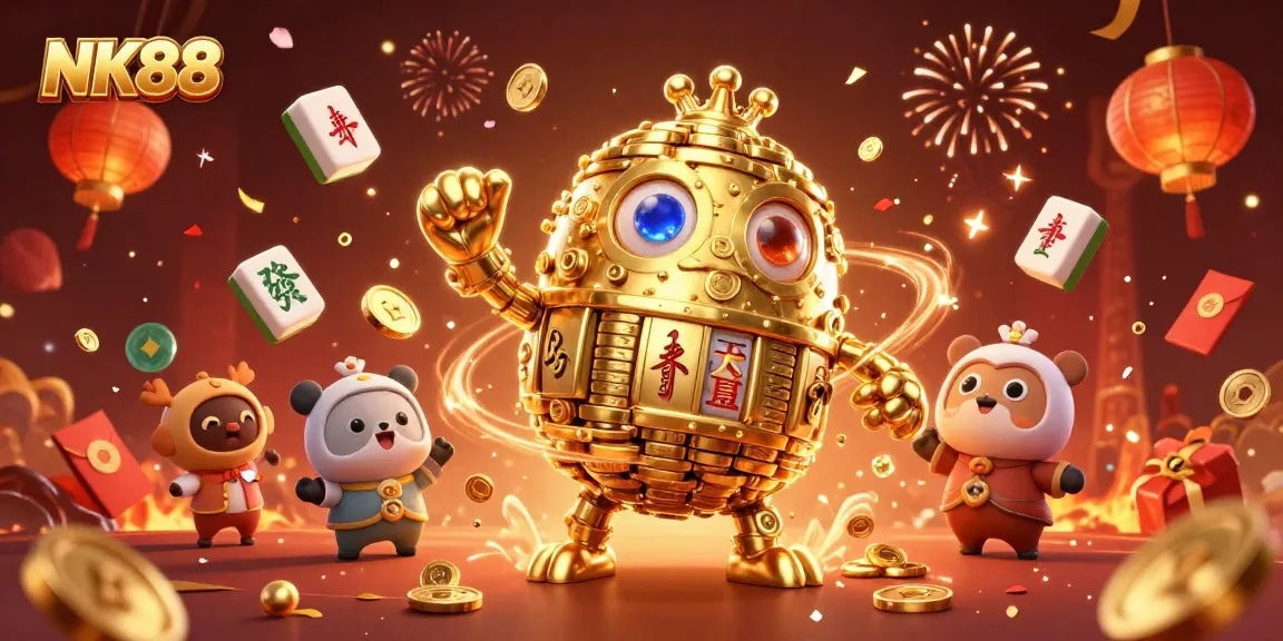 Experience the excitement of NK88 with a colorful 3D casino scene filled with vibrant game elements.