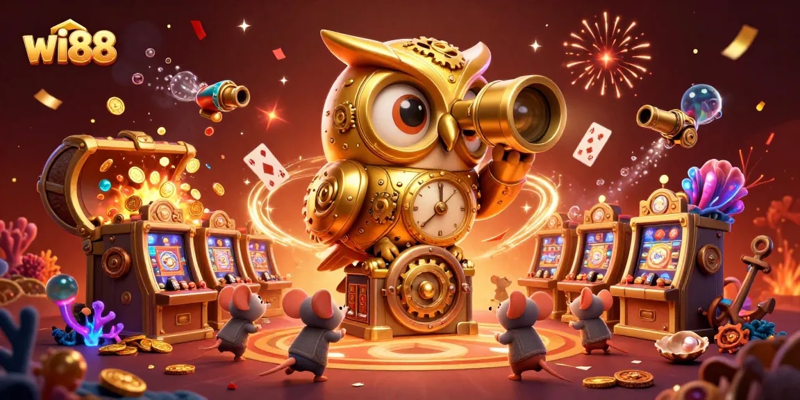 Experience captivating gaming action at wi88, highlighted by a golden owl overseeing a vibrant casino scene.