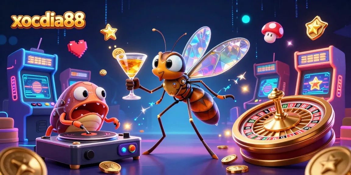xocdia88 showcases a vibrant casino scene with a frozen mosquito mascot, trilobite DJ, and golden roulette wheel.