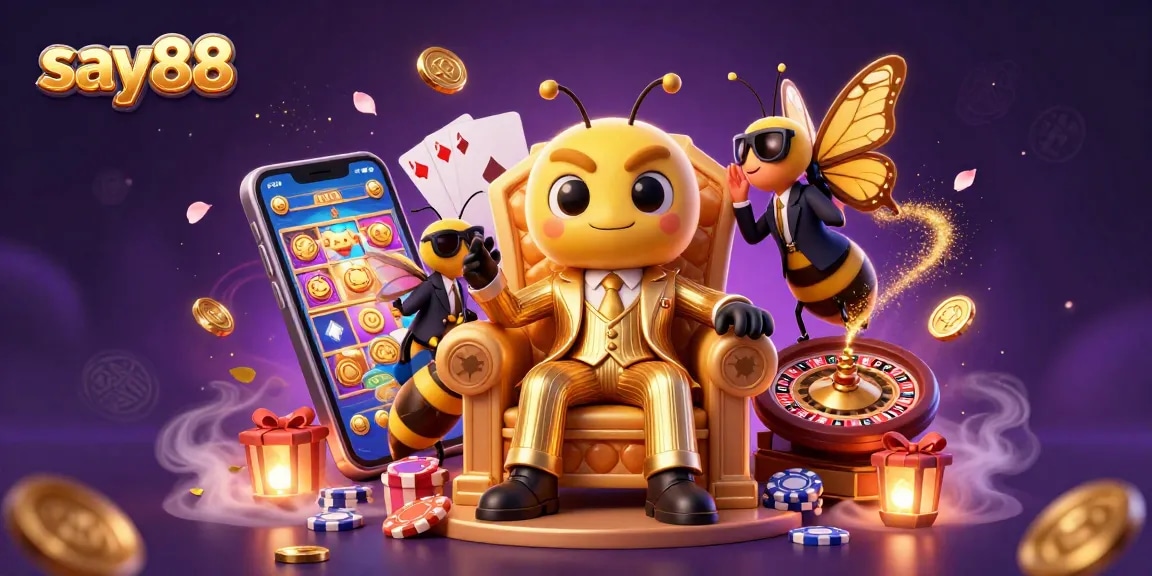 Experience the thrill of slot games with say88's captivating casino scene featuring vibrant characters and games.