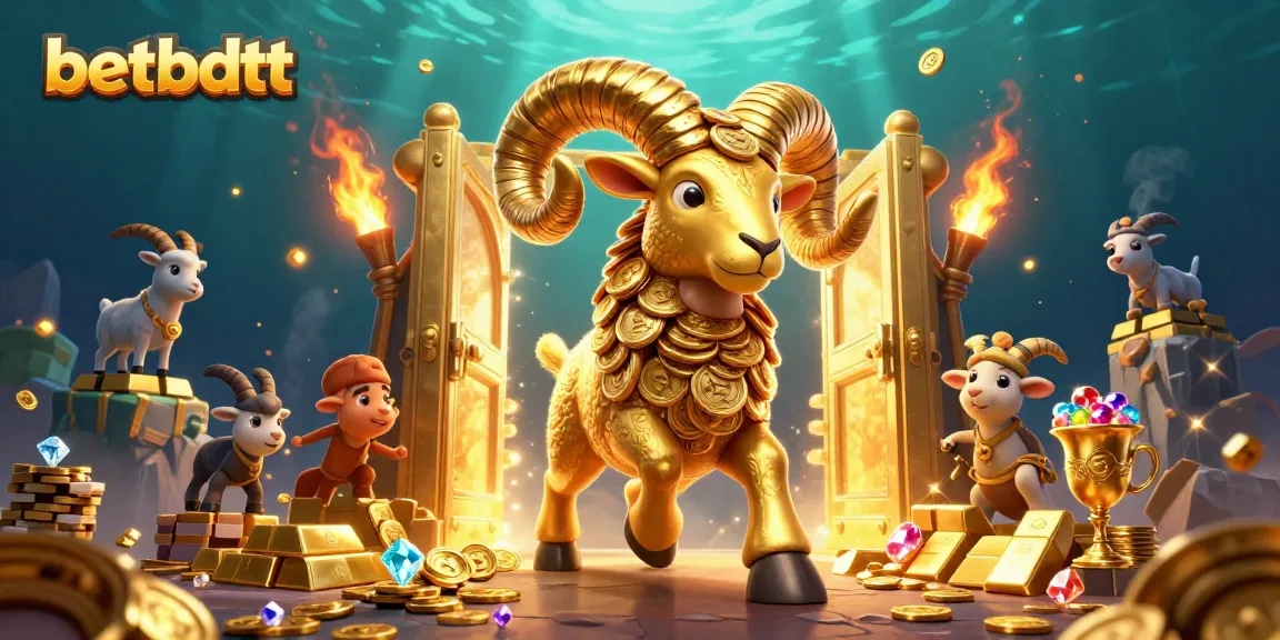 Engage in thrilling casino action at betbdtt with a dynamic golden ram illustration and treasure elements.