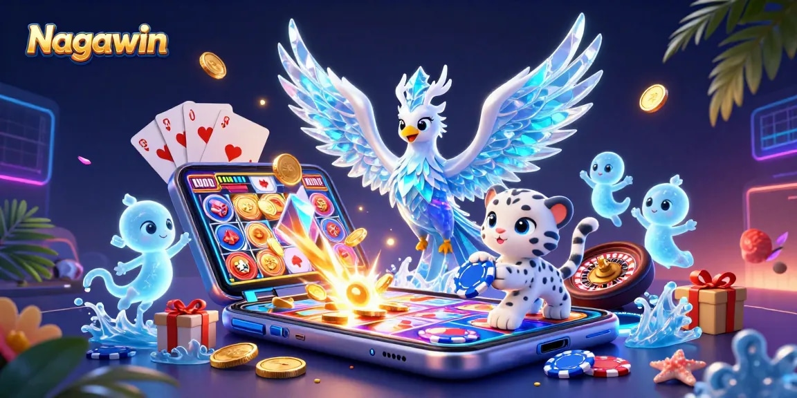 Nagawin showcases an enchanting ice phoenix, poker chip, and vibrant slot game depicting thrilling casino action.