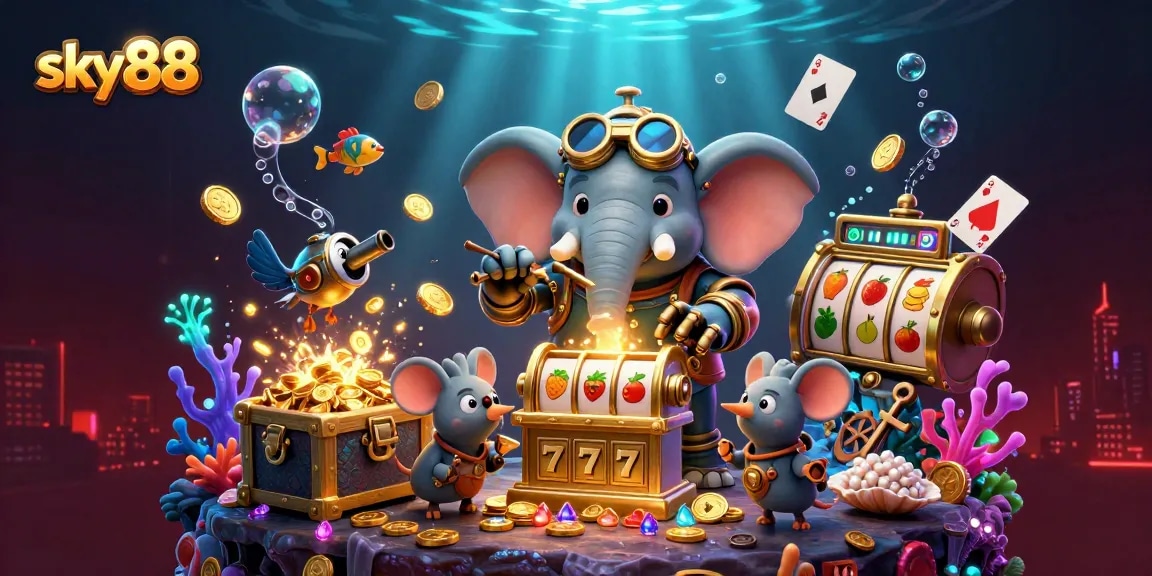 Experience the excitement of sky88 slots with a steampunk elephant operating a golden machine in a vibrant scene.