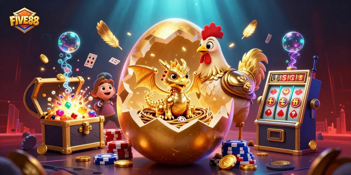 Engage with FIVE88’s golden dragon guarding poker chips in a vibrant casino scene.