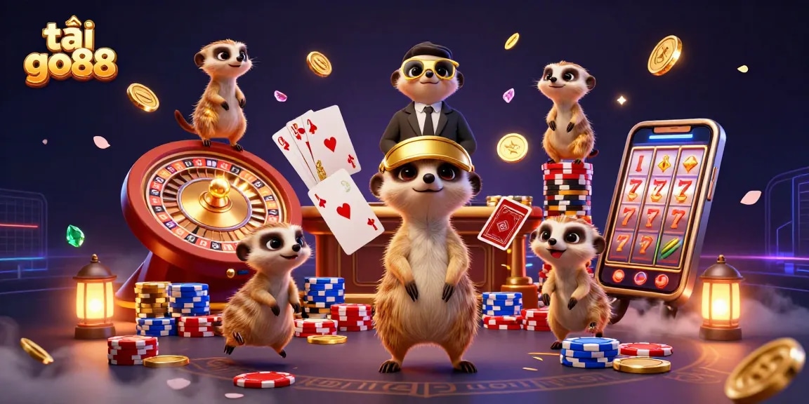 Experience the thrill of casino gaming with tải go88 as meerkats run an elaborate operation filled with golden coins and colorful poker chips.